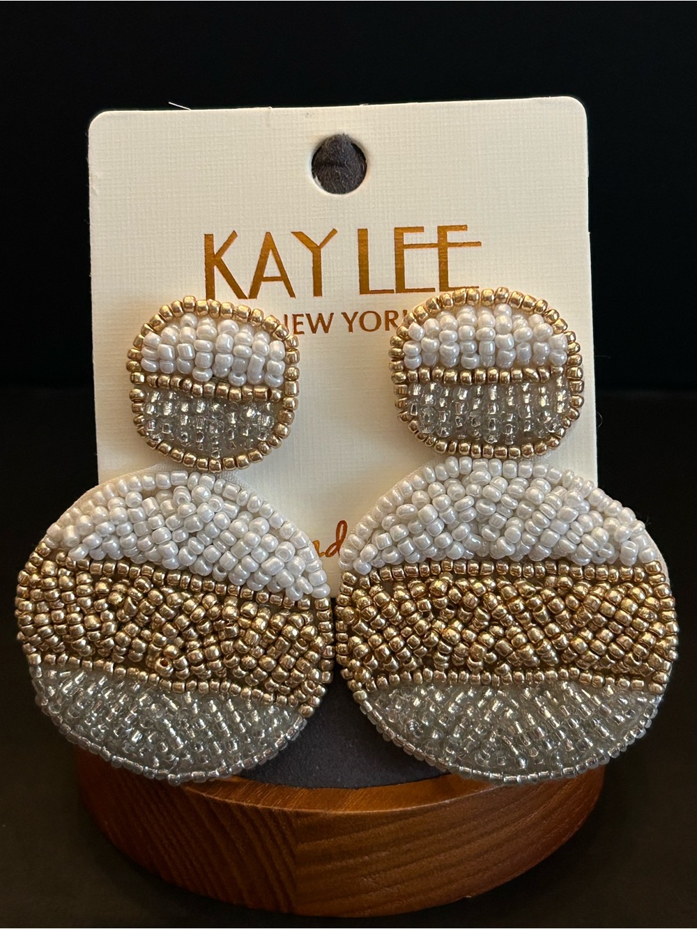 Kay Lee Gold and White Hand Beaded in India Statement Drop Earrings NWT